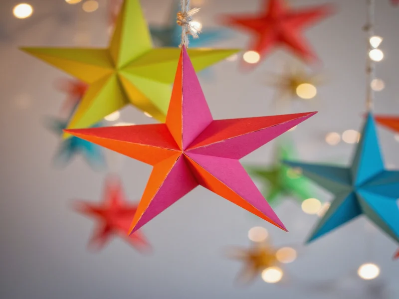 Colorful paper stars hanging as handmade mini craft decoration