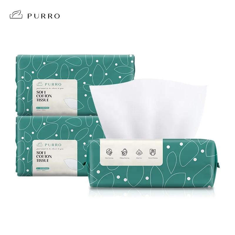 

PURRO Amazon Hot Sale Soft Natural Disposable Facial Cotton Tissue 100% Pure Cotton Dry Wipe OEM Customization