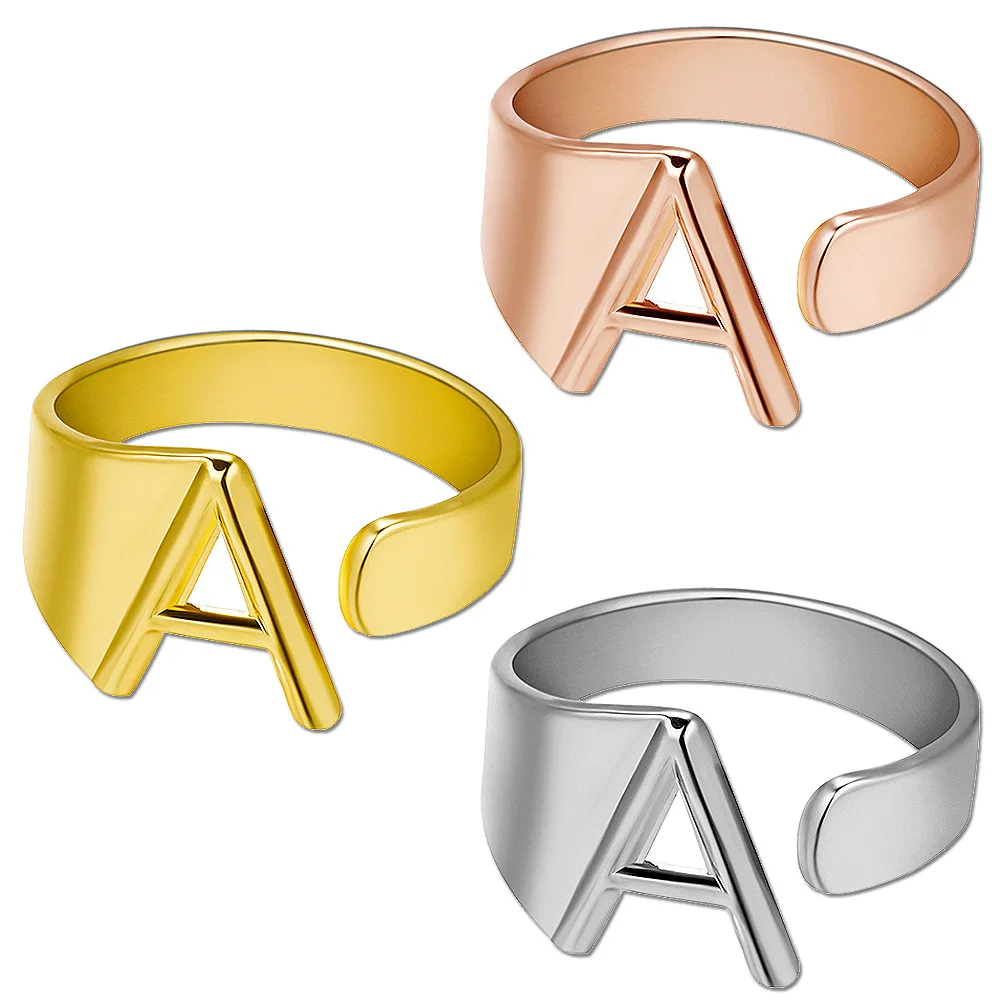 

Fashion Gold Silver Plated Copper Chunky Minimalist A-Z Alphabet 26 Letters Adjustable Women Men Signet Initial Rings Jewelry, Color plated as shown