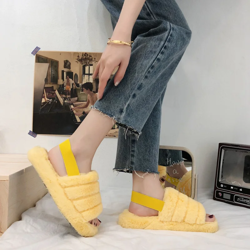 

wholesale adult fashion fur sandals custom plush slipper flat sandals women