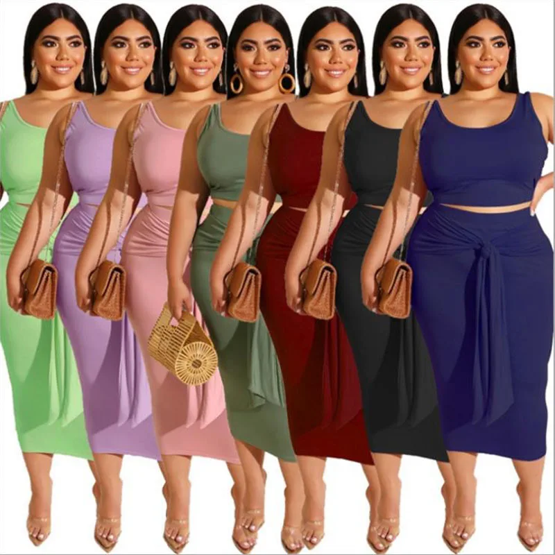 

new sleeveless skirt and top set plus size dress for fat woman