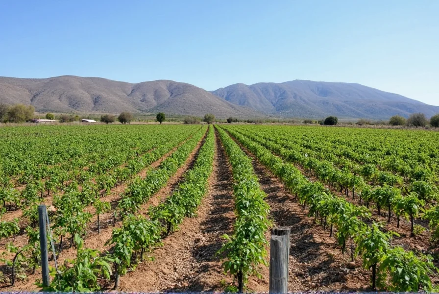 Flatiron Pepper Co farm with rows of chili pepper plants against mountain backdrop