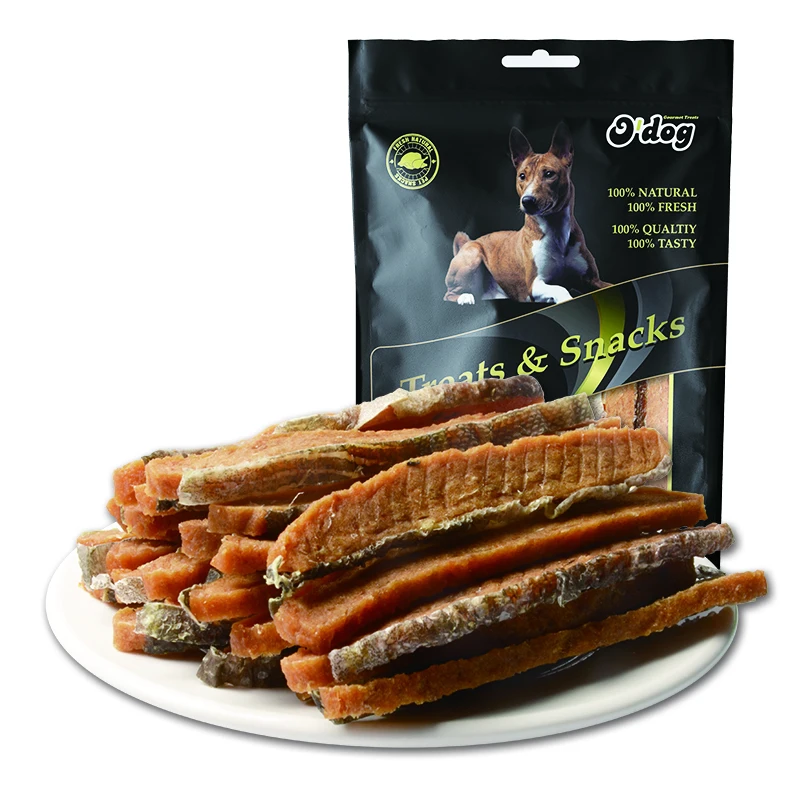 

OEM pet food Wholesale delicious Nature wild salmon fishskin omega-3 for dog pet treats food snacks, Red and white