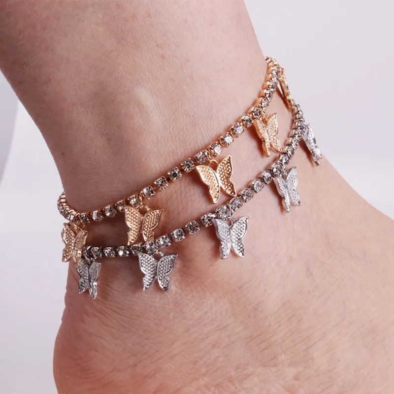 

European Fashion New Design Women Butterfly Ankle Bracelet Full Bling Crystal Tennis Chain Butterfly Anklet