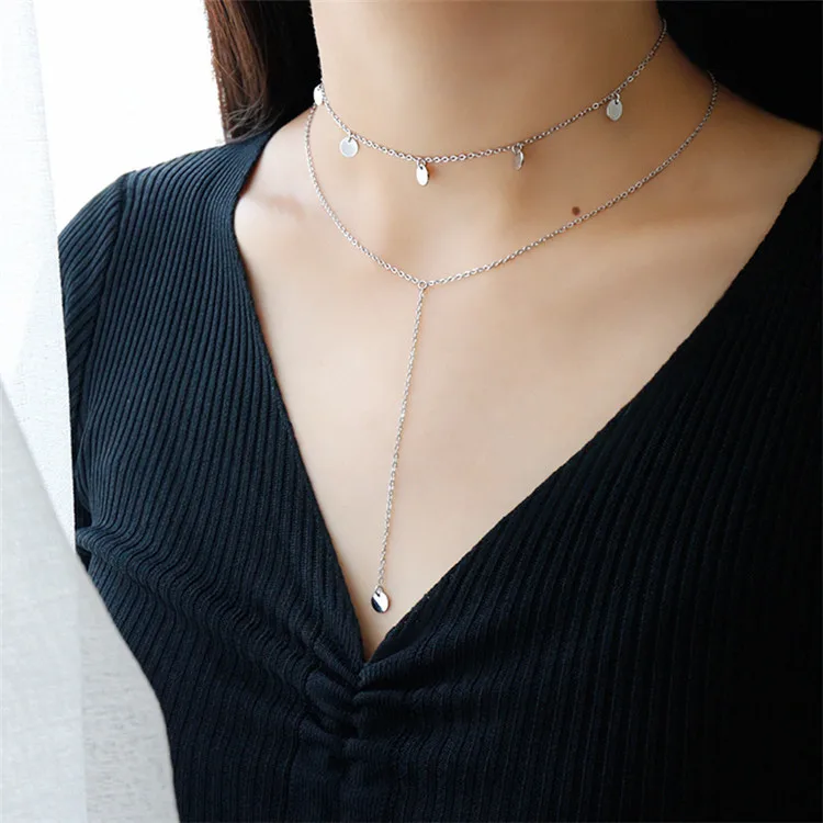 

Fashion Wild Women Multilayer Disc Tassel Clavicle Chain 925 Sterling Silver Round Dsic Tassel Necklace, As picture