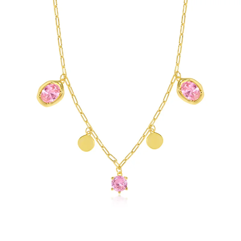 

Trendy Cute 925 Sterling Silver Fine Jewelry 18K Gold Plated 5A Zircon Pink Stone Beaded Charms Necklace