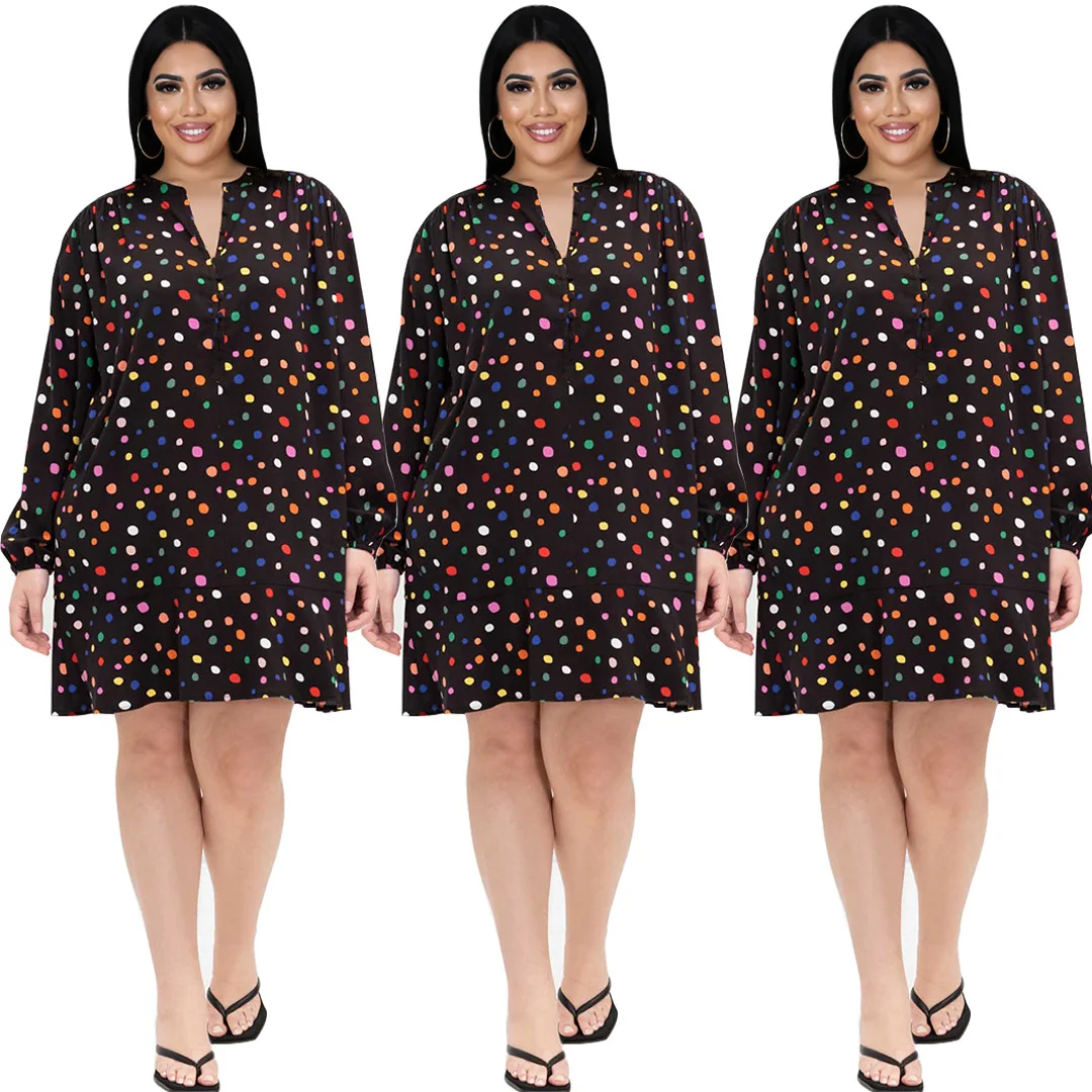 

new product 2022 popular plus size women's dresses new arrivals polka dot print loose shirt dress, Shown