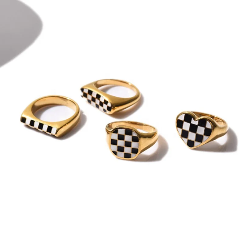 

MICCI Wholesale Custom Stainless Steel 18K Gold Plated Enamel Black and White Grid Chess Checkerboard Lattice Ring, Gold color