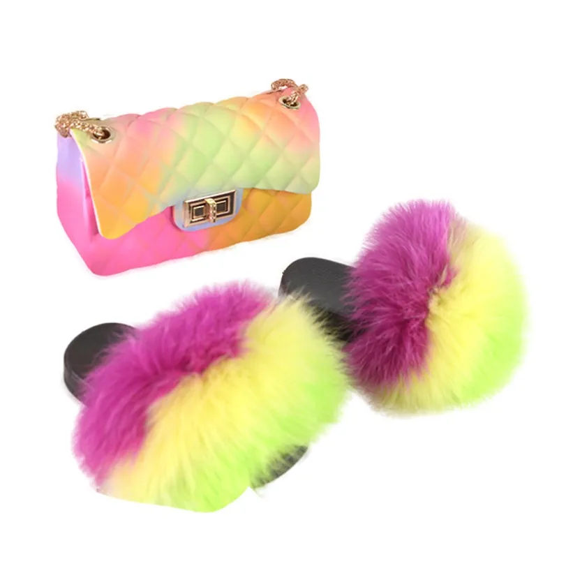 

Hairy colorful fox hair slippers and small backpack parent-child suit.handbag sets