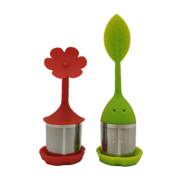 

Herbal Tea Brewing Filter Tea Steeper Leaf Shape Stainless Steel Silicone Tea Infusers with Drip Tray