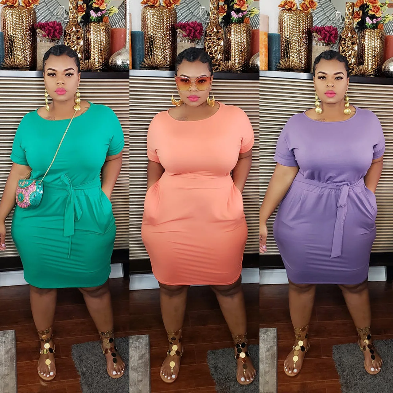 

OR1218 Plus size fall women clothing Solid color t-shirt dress plus size dresses women casual, Green,purple,orange