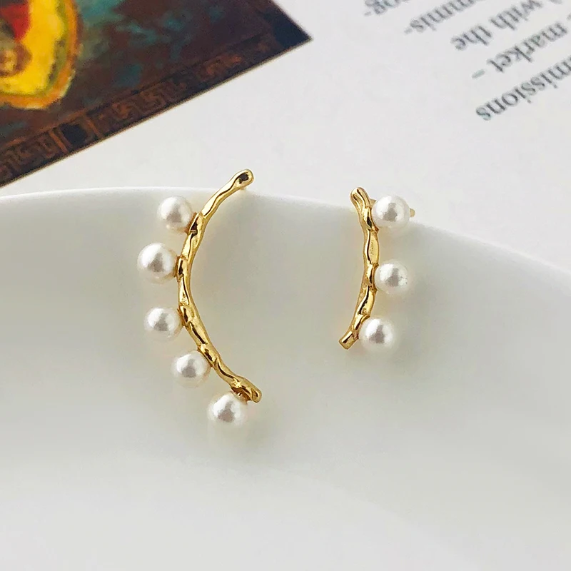 

Sterling silver 925 Asymmetry earrings 18K Gold pearl stud earrings jewelry