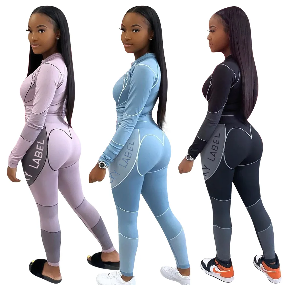 

2020 new LUCKY LABEL printed long sleeve Contrast color sports yoga wear for women's two piece set