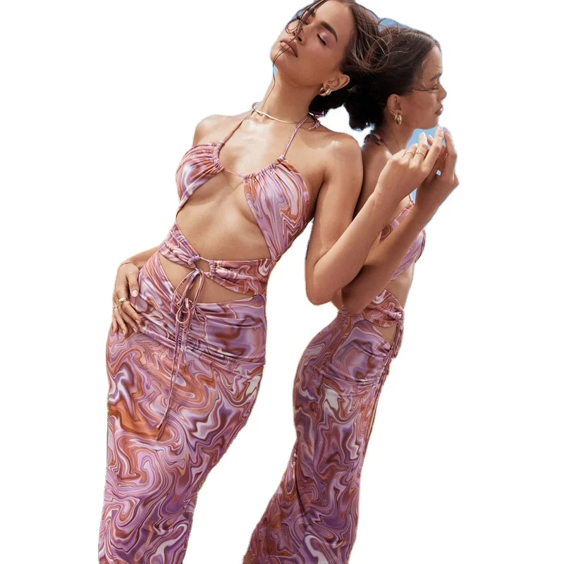 

Hot Selling Women's Dress High Quality Set With Neck And Backless Lace-Up Printed Sexy Dress, Picture color