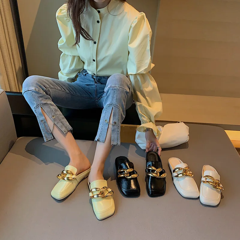 

iHeeled shoes metallic girl chain detail slippers sandals comfy ladies loafers mules closed toe women flat sliders summer