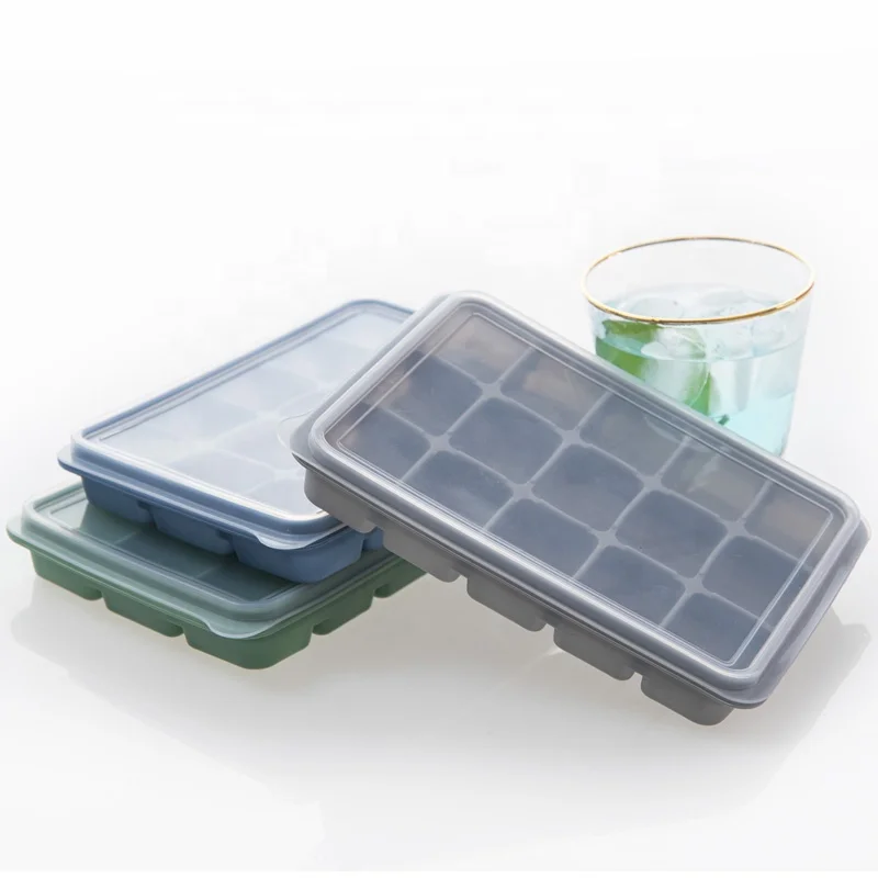 

New arrivals whiskey silicon 15 cavities large ice moldes cube tray with cover, Easy Release ice cube mould silicone set, According to pantone color