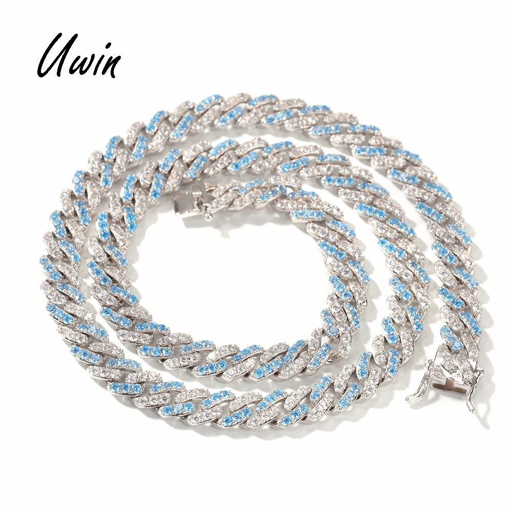 

Iced Out 9mm Baby Blue CZ Cuban Link Chain Necklace Two Tone Zircon Bracelet Bling Diamond Bling Hip Hop Women Jewelry, Blue + clear cz