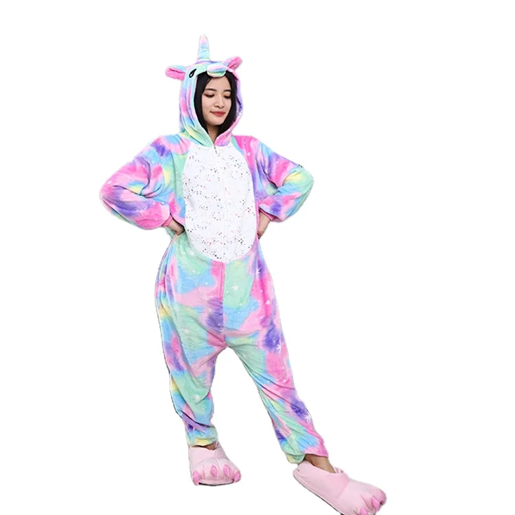 

Wholesale Adult Warm Flannel Sleepwear Bronzing Pegasus Soft Hoodie Unicorn Onesie Costume Pajamas With Zipper Closure, Mixed color