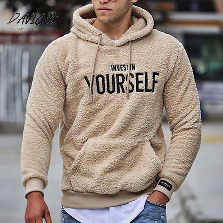 

Custom Embroidery Sherpa Fleece Hoodie Men Design Plaid Thick Adult Oversized Sherpa Pullover Hoodies With Pocket