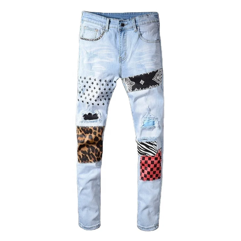 

Men Boy New design print patch denim jeans ripped pants high street hip hot men jeans 2021 Biker Trousers Jeans High Quality