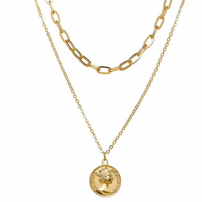 

vintage double layer link chain necklace gold color coin pendant necklace for party jewelry gifts