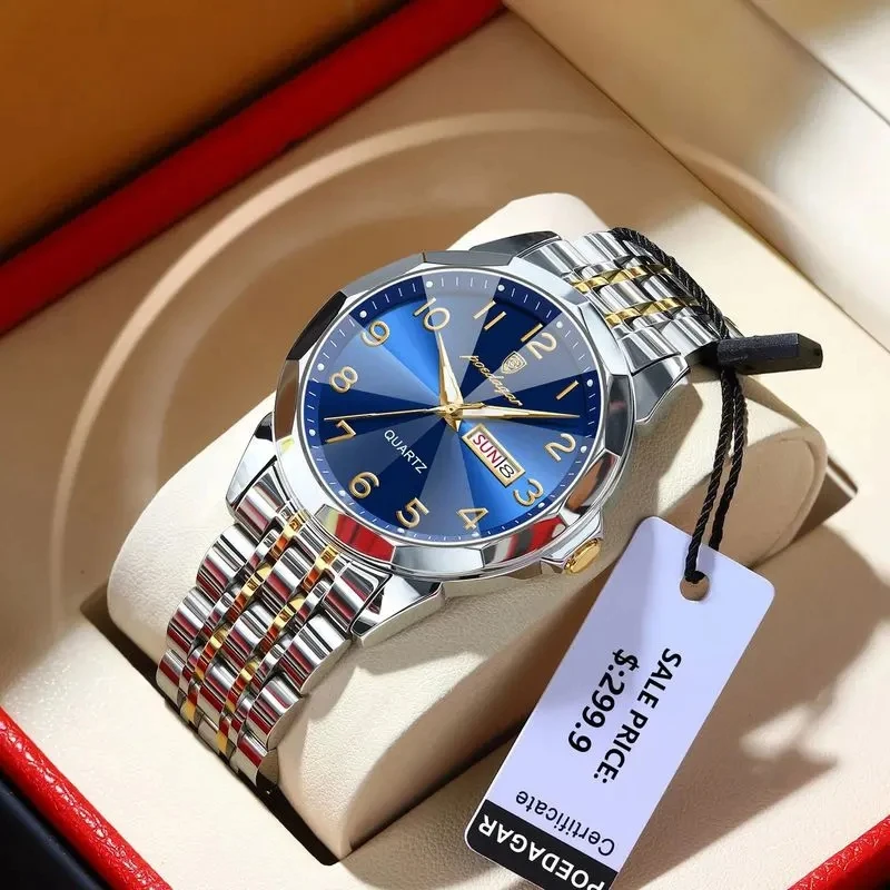 POEDAGAR Men Watch 852 Sport Waterproof Luminous Date Week Quartz Men's Watches Business Stainless Steel Man Clock Reloj Wrist