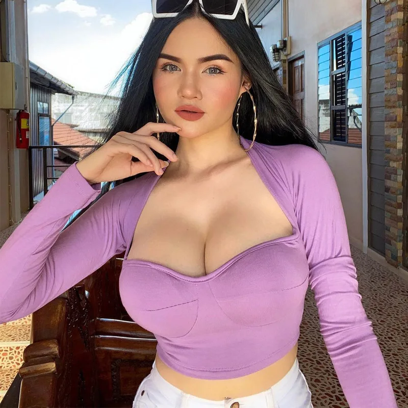 

LvCong street style long sleeve v neck crop top polyester t-shirt autumn and winter woman casual tops for women t-shirt blouse
