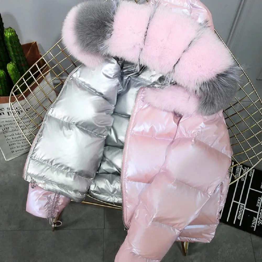 

2021 Winter Short Loose Thick Heavy Detachable Hood Fox Fur Trim Puff Pink Women Shiny Puffer Duck Down Coat Jacket Parka