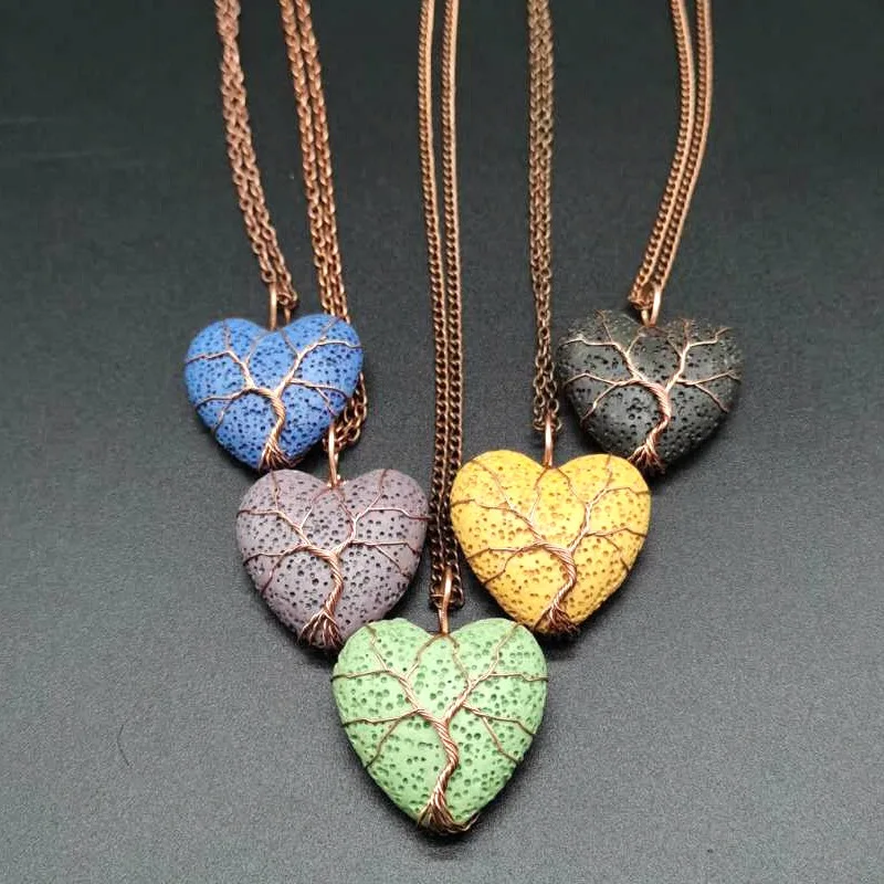 

Tree of Life Pattern Colorful Love Heart Lava Stone Essential Oil Diffuser Necklace Aromatherapy Rock Stone Necklace Jewelry