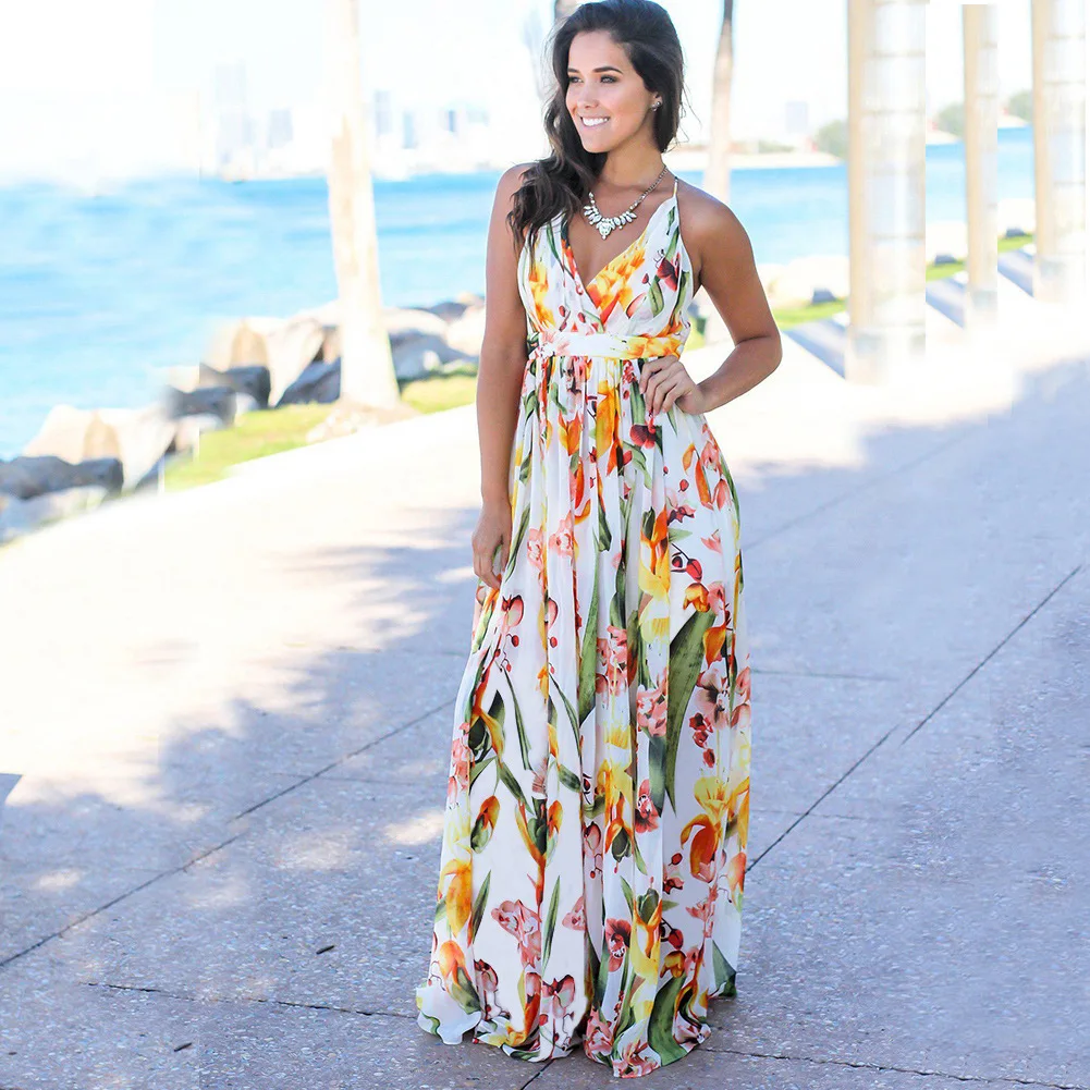 

Summer Hot Sale Women's Floral Halter Dress Open Back Beach Dress, Picture color