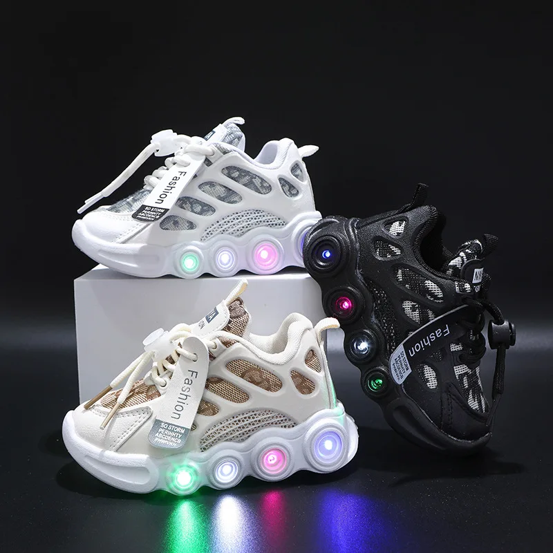 

2022 Kids LED Light Shoes Kids Fashion Ribbon Mesh Breathable Sneakers Kids Casual Shoes, As shown