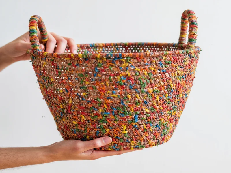 Hand holding recycled plastic transformed into woven basket