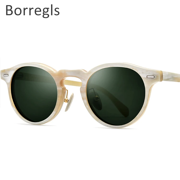 

Borregls Buffalo Horn Sunglasses Mens Women Round Luxury Polarized Buffs Sun Glasses 10024T