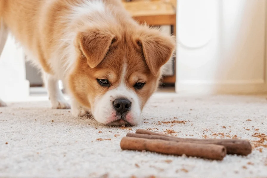Close-up of cinnamon powder spilled near dog bowl with measuring spoons