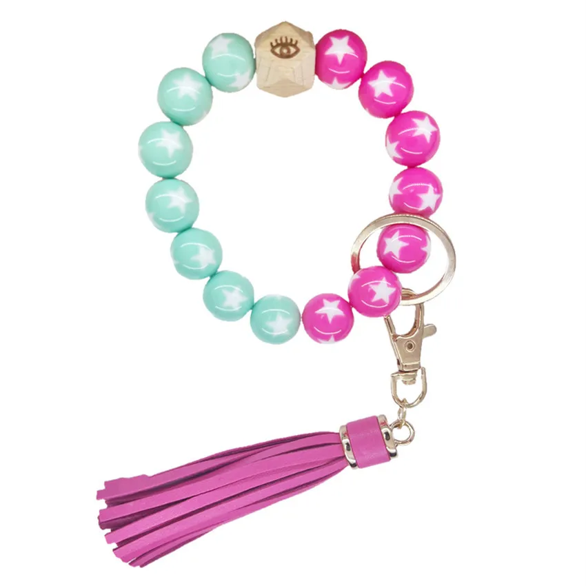 

Colorful Acrylic Pentagram Bracelet Keychain Anti-Lost Key Ring PU Solid Color Tassel Pendant Bracelet