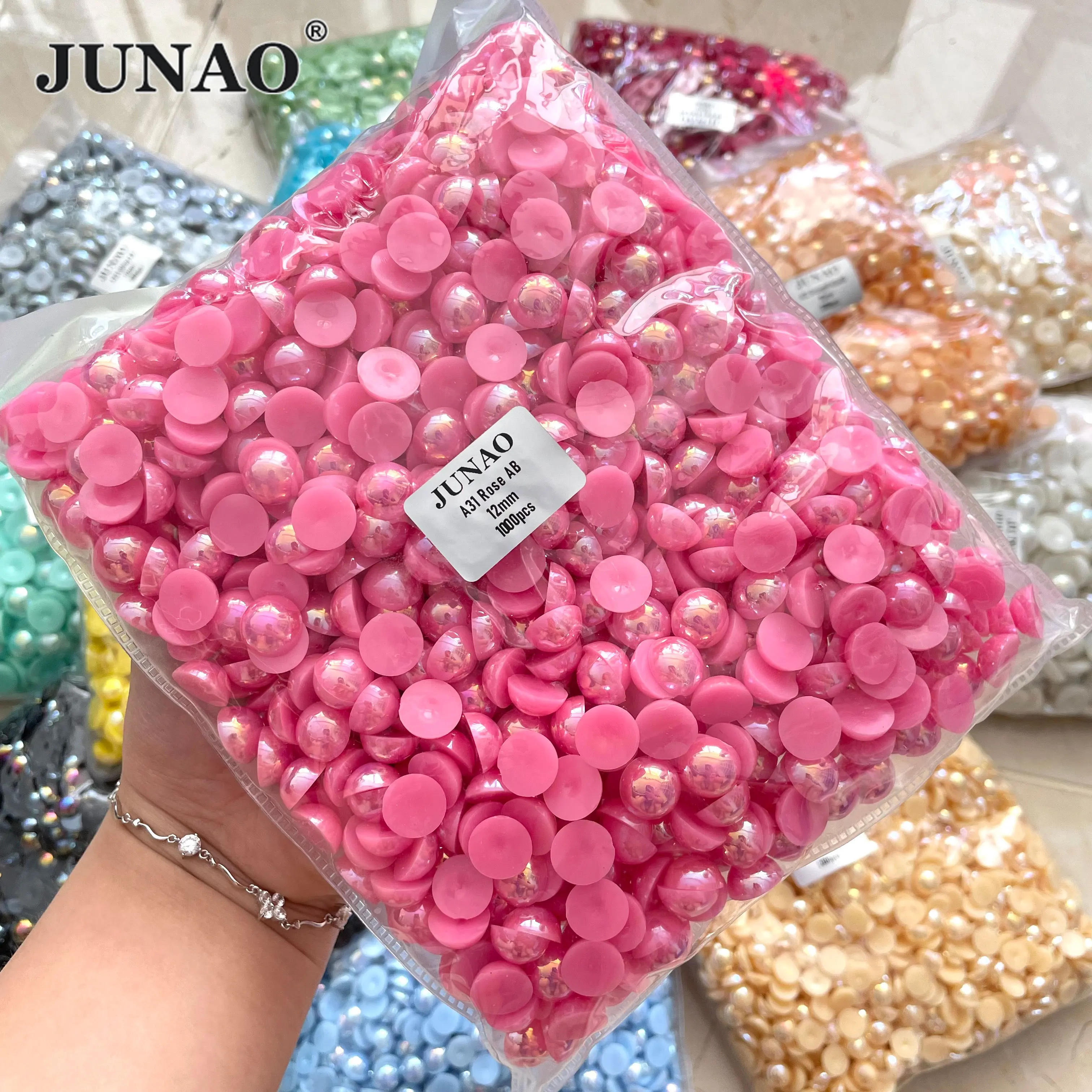 

JUNAO Top Quality 2mm 3mm 4mm 12mm 14mm Plastic Semi Pearls Dark Pink AB Flatback Pearl Beads For Dress Decoration, Dark pink ab pearls