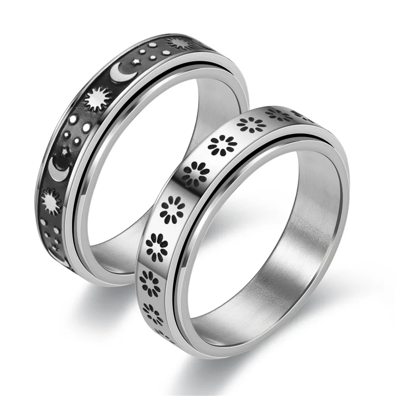 

Flower Couple Spinner Rings Stainless Steel Spinner Ring Jewelry Moon Star Fidget Spinner Rings for Women Men Gifts