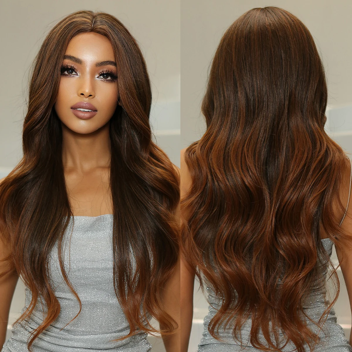 Manufacturer Brown Ombre Long Wave Synthetic Heat Resistant Fiber Wigs Middle Part for Women Afro Body Wavy Natural Hairs Wig