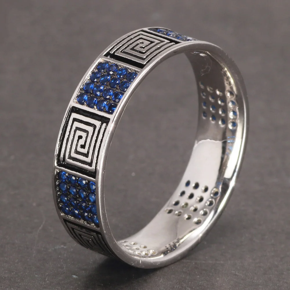 

925 Sterling Silver Turkish RIngs Fret Pattern Religions Jewelry For Men and Women Inlaid With Blue Zircon Jewelry