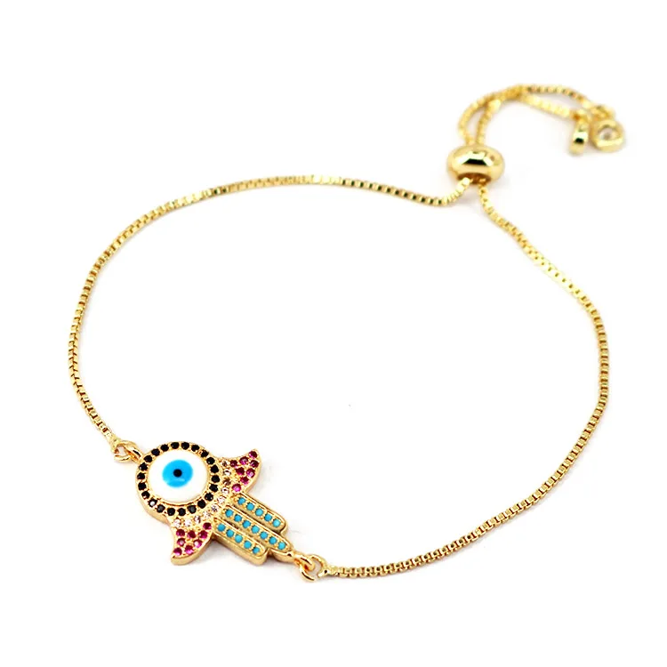 

BC1267 2021 Trendy Chic CZ micro pave hamsa hand charm adjustable Chainbracelet jewelry,hand of fatima slide bracelets for Women, Gold/silver/rose gold/gunmetal