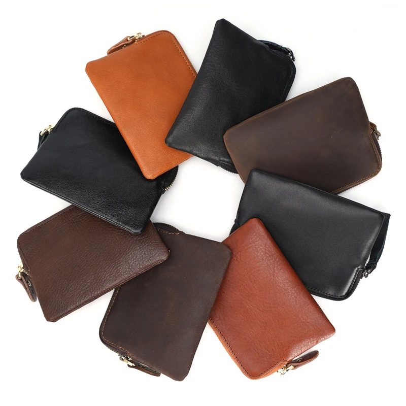 

Free Sample Stylish Minimalist Small Cowhide Genuine Leather Zipper Coin Wallet Purse Pouch Bag, Brown