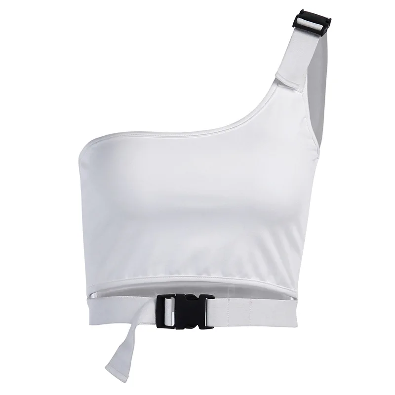 

Women Sexy Club Clothing Stretch One Shoulder Shirts Buckles Vest Party Sleeveless Slim Bodycon Crop Top, White