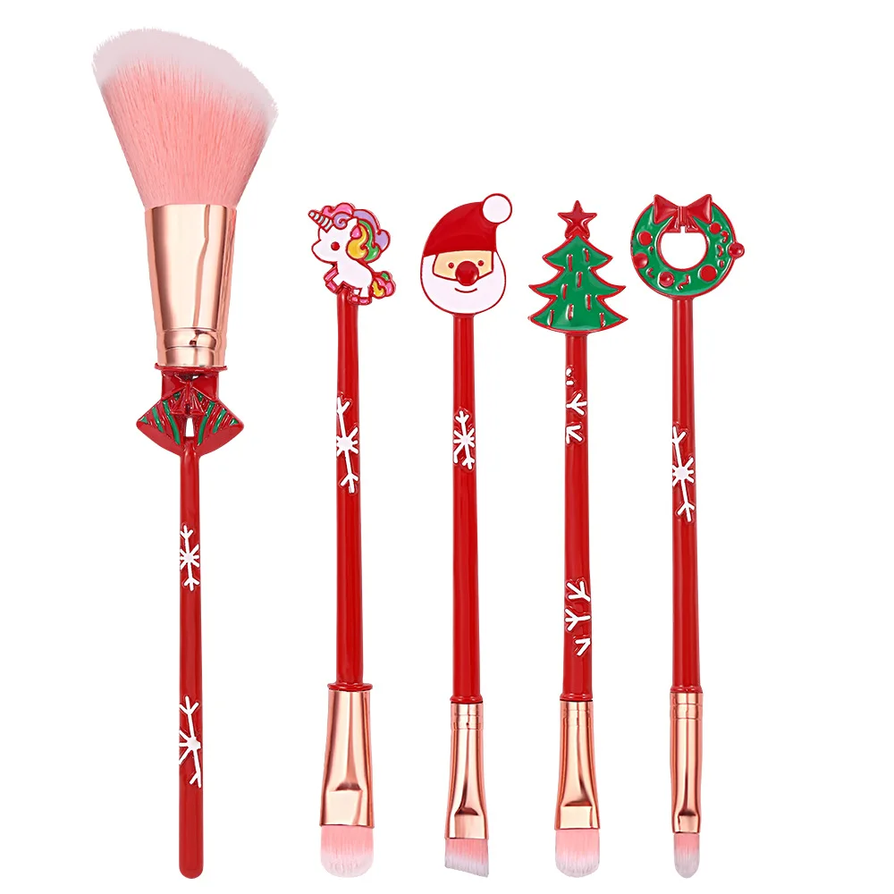 

New Coming 5Pcs Cute Red Christmas Makeup Brush Set Kids Makeup Brushes With Christmas Bag Gift Set