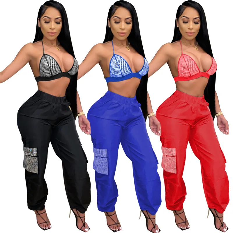 

WW-0977 Hot Style Strapless Drills Very Sexy With Leisure Suit Condole Belt Suit 2 Piece Set Diamond Crop Top Women Sport Pants, Customized color