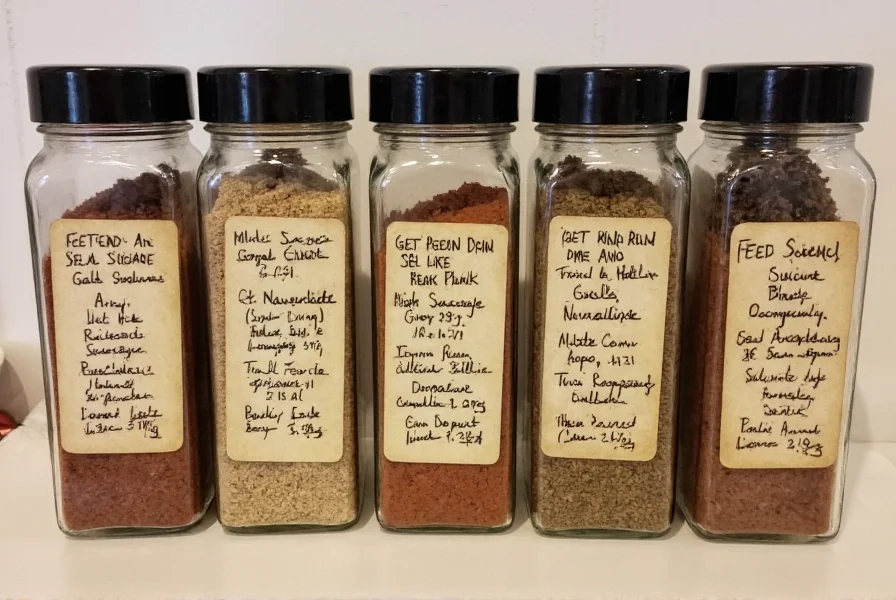 Glass jars containing various sausage seasoning blends with handwritten labels showing regional varieties and dates