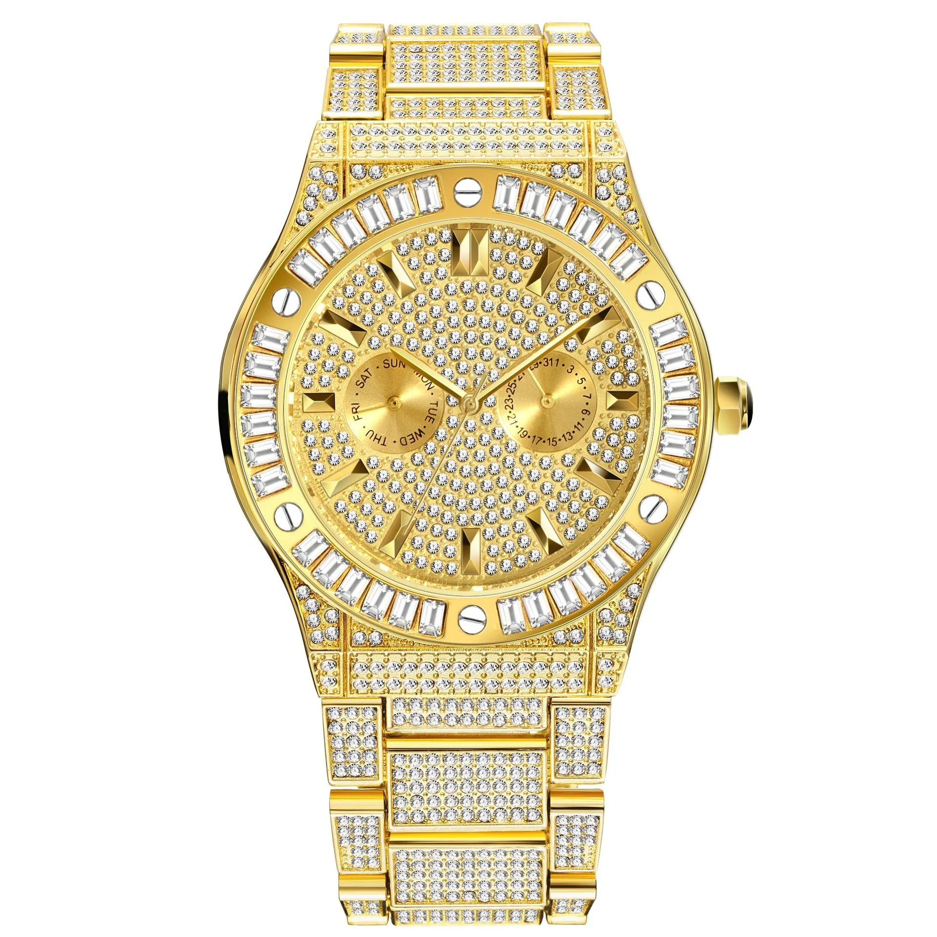 

Luxury Chronograph Quartz Gold Moissanite Diamond Watches Custom OEM Bling Hip Hop Iced Out Watch