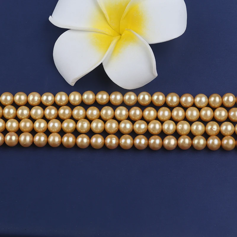 

8-9mm Natural Round Gold Color Freshwater Pearls String For Sale