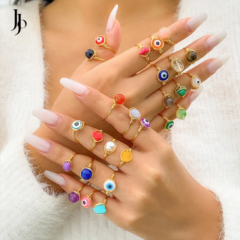 

JOJO Fashion 2023 Dainty gold plated minimalism evil eye ring colored stone bead gemstone crystal rings