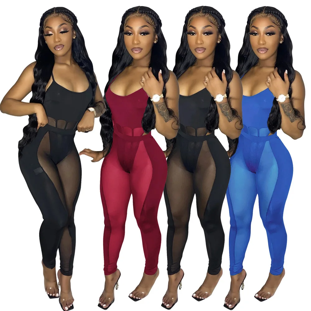 

In-Stock Women's Mesh Tracksuit Patchwork Sexy Hollow Nightclub Cami See-Through Two-Piece Set, Customized color