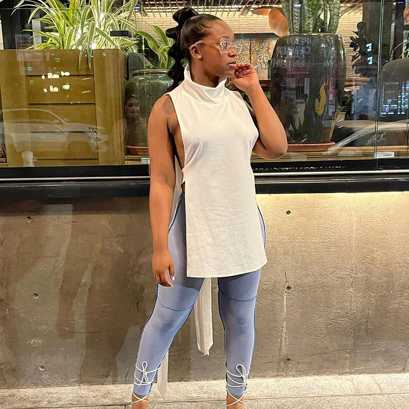 

Sexy High Neck Sleeveless Bandage Casual Split Solid Color Women''s Tank Tops Vests Winter